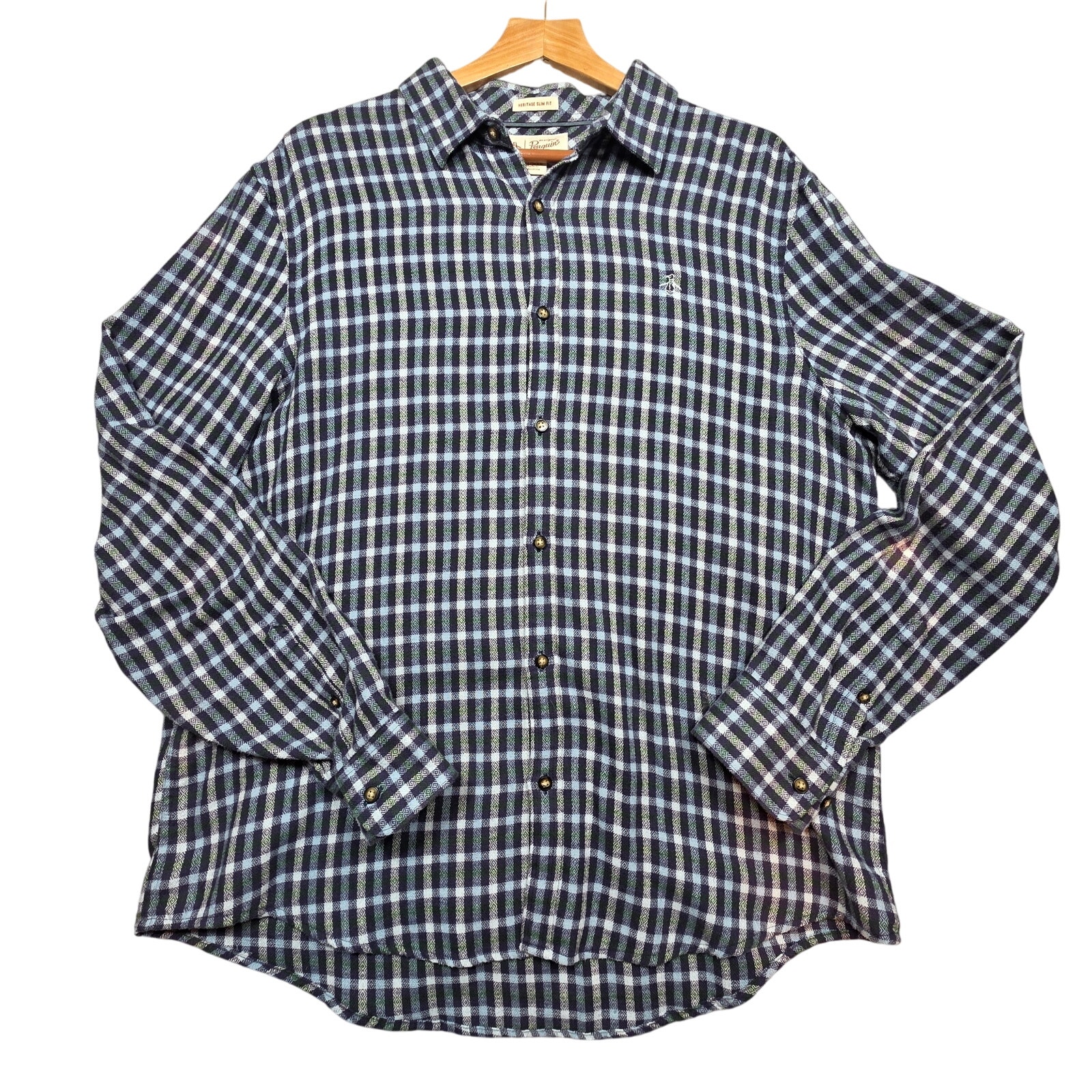 Men's Navy Plaid Penguin Heritage Slim Fit Button Down Shirt Size Xl